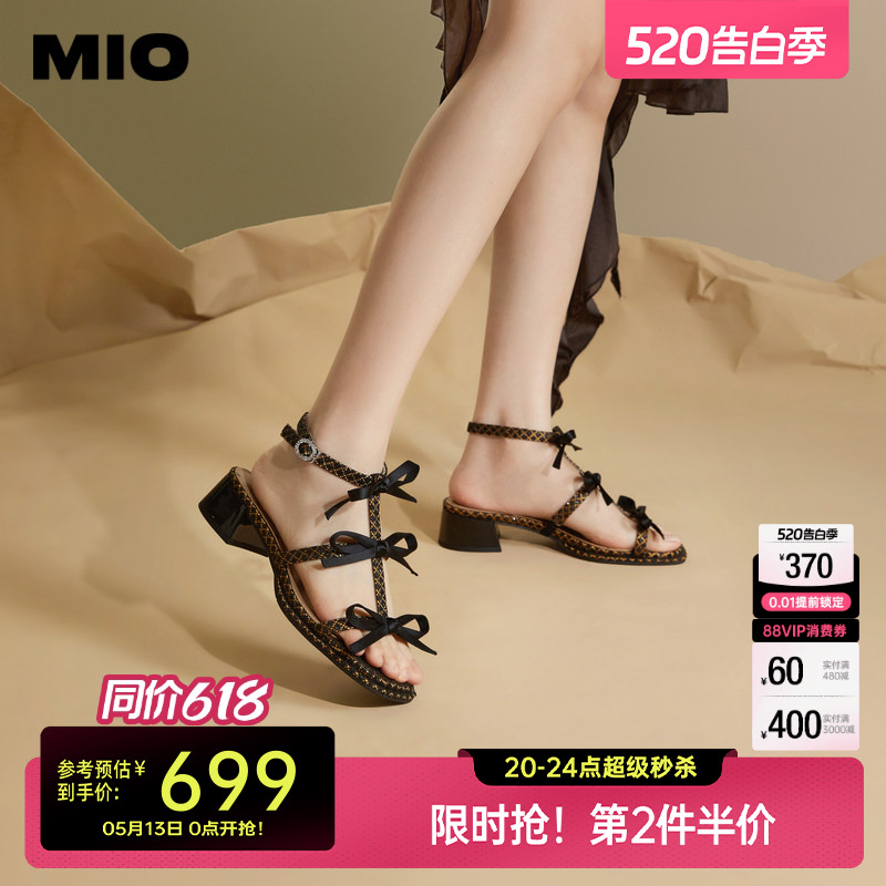 MIO米奥夏季拼色方头时装凉鞋蝴蝶结中跟时尚个性凉鞋女鞋