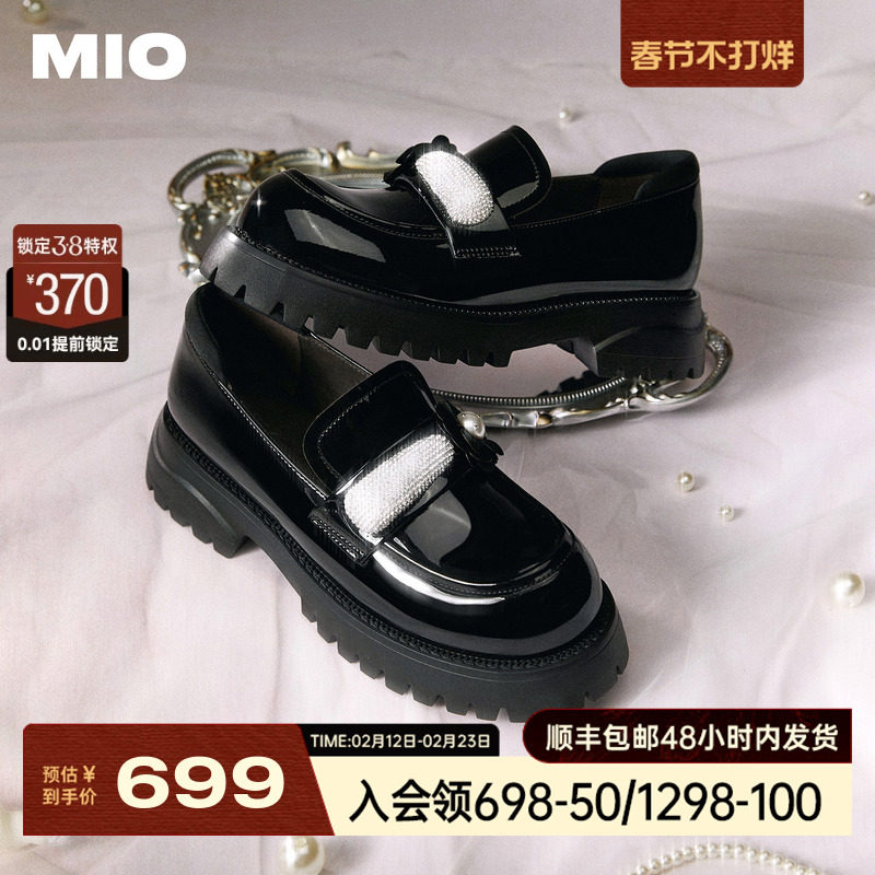 MIO米奥乐福鞋钻饰花朵春季圆头粗跟学院厚底黑色亮面小皮鞋女