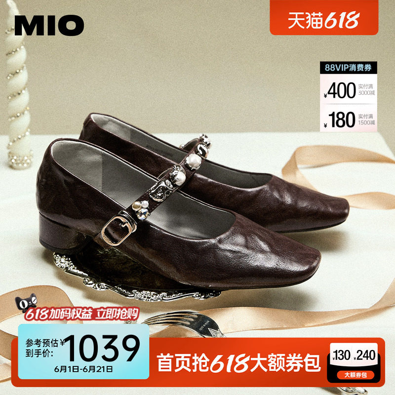 MIO米奥玛丽珍鞋2026春季新款粗跟单鞋一字带金属扣闪钻饰扣女鞋