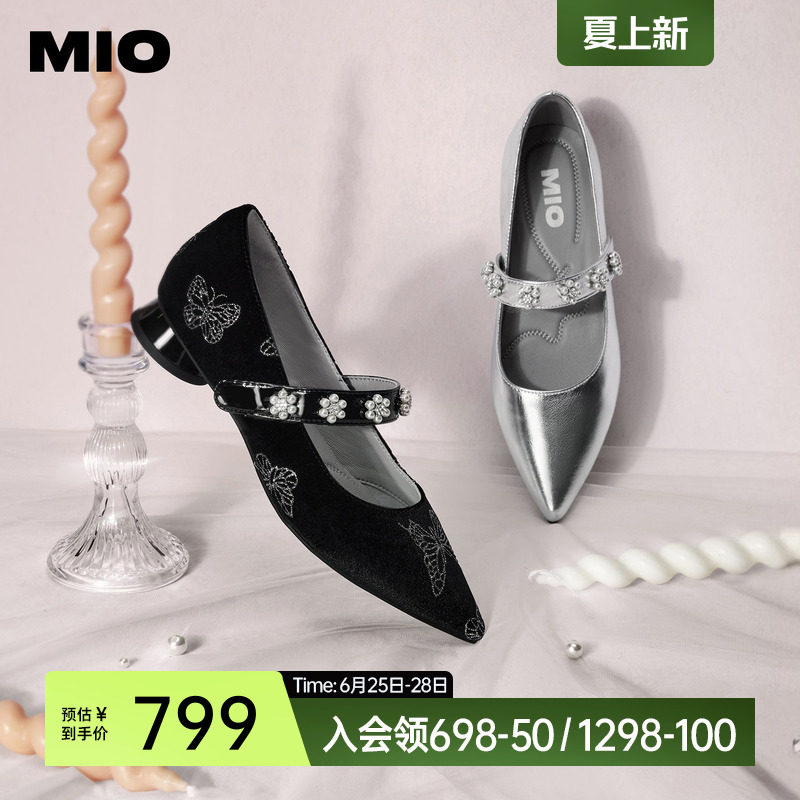 MIO米奥玛丽珍玛格丽特花扣饰春夏款蝴蝶烫金单鞋尖头凉鞋女鞋