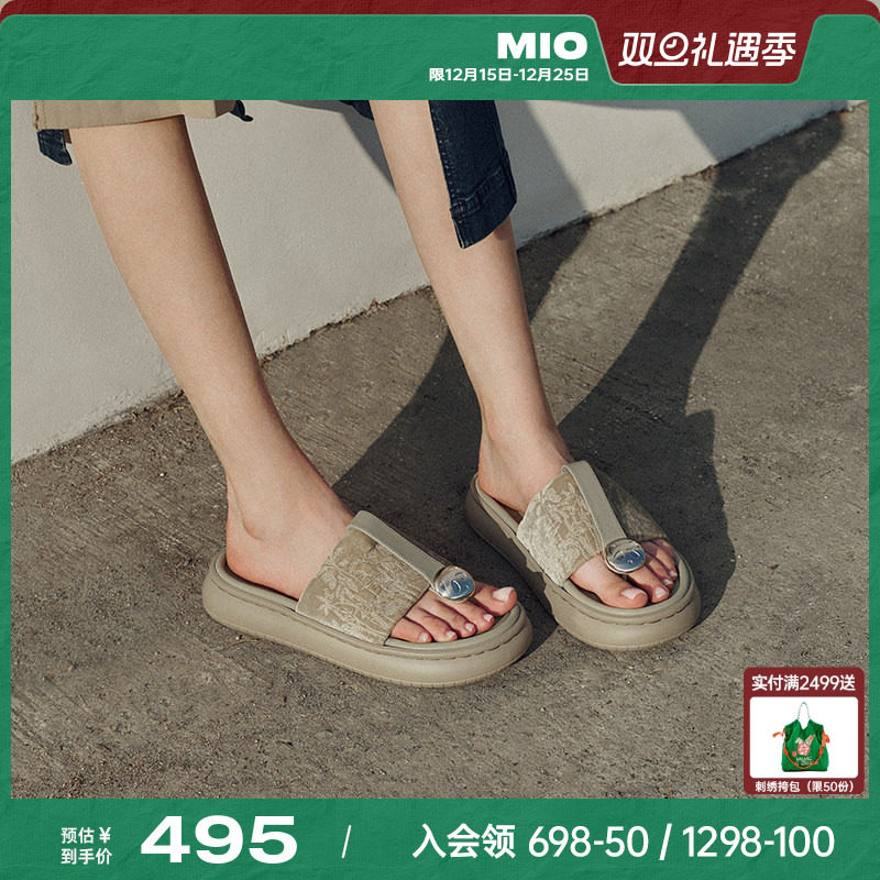 MIO米奥夏季中跟拖鞋潮流复古夹趾拖鞋国风绒感厚底人字拖