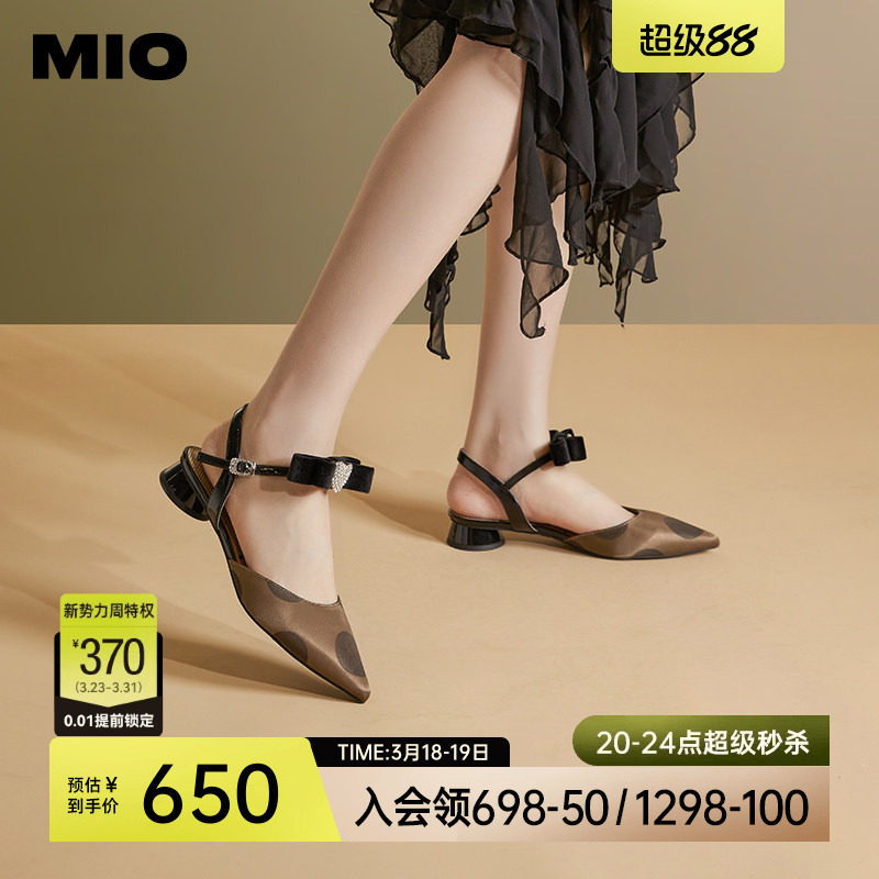 MIO米奥夏季尖头低圆跟凉鞋闪钻爱心蝴蝶结通勤时装凉鞋女