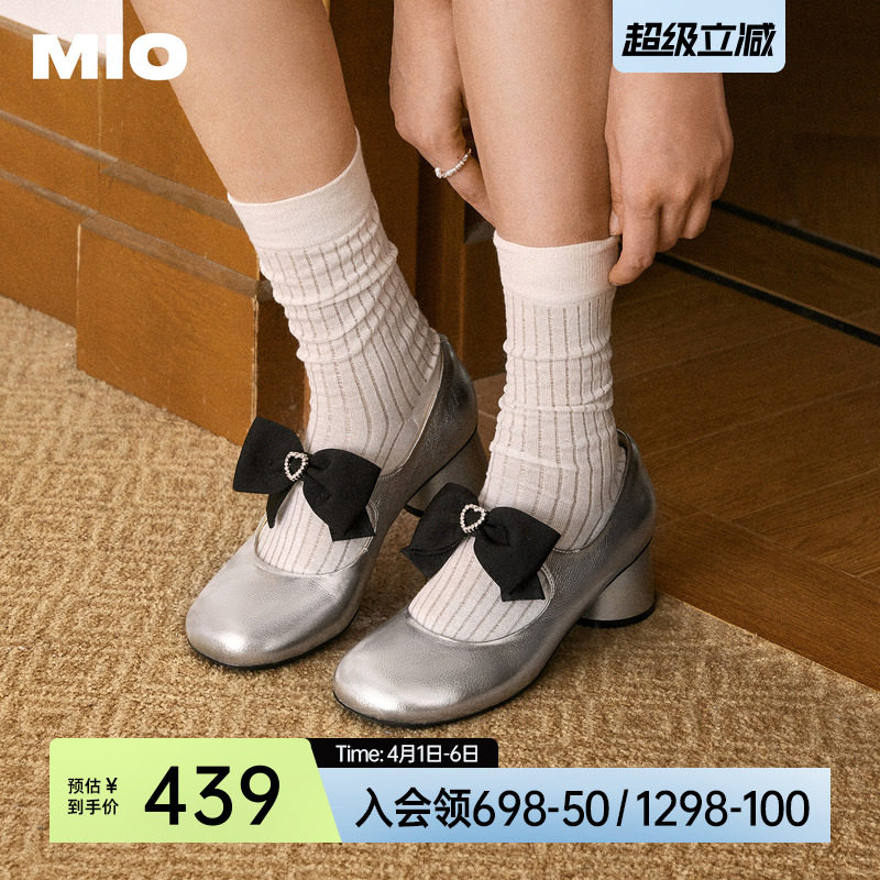 MIO米奥玛丽珍圆头蝴蝶结春夏款洛丽塔甜美银色高跟单鞋增高女鞋
