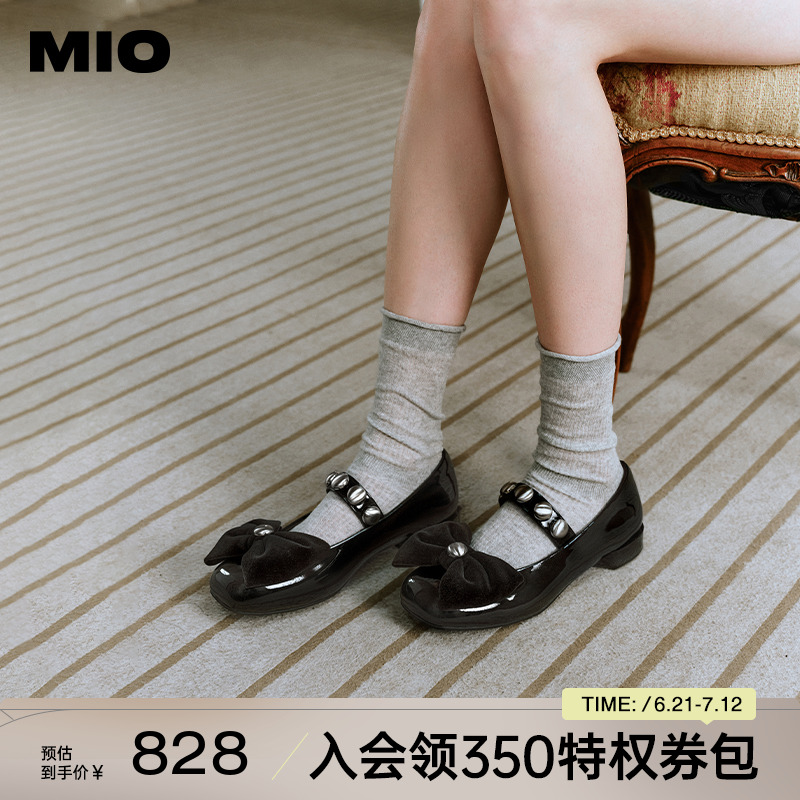 MIO米奥秋季圆头低跟蝴蝶结单鞋复古俏皮通勤玛丽珍女鞋