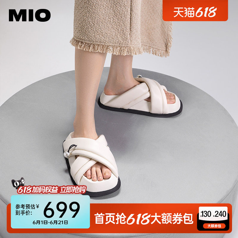MIO米奥厚底勃肯拖夏蓬松泡泡交叉绑带一字拖舒适女外穿露趾拖鞋