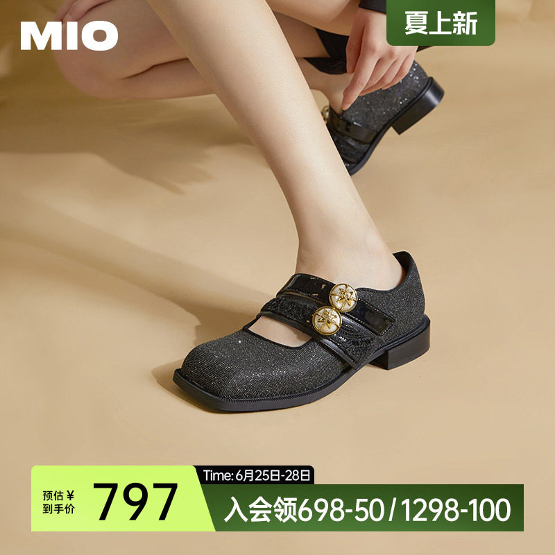 MIO米奥女鞋玛丽珍方头细闪复古低跟鞋气质通勤百搭单鞋