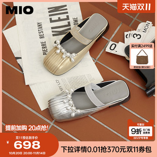 女凉鞋 MIO米奥2025夏季 甜美可爱复古勃肯鞋 珍珠乐园包头拖鞋 新款