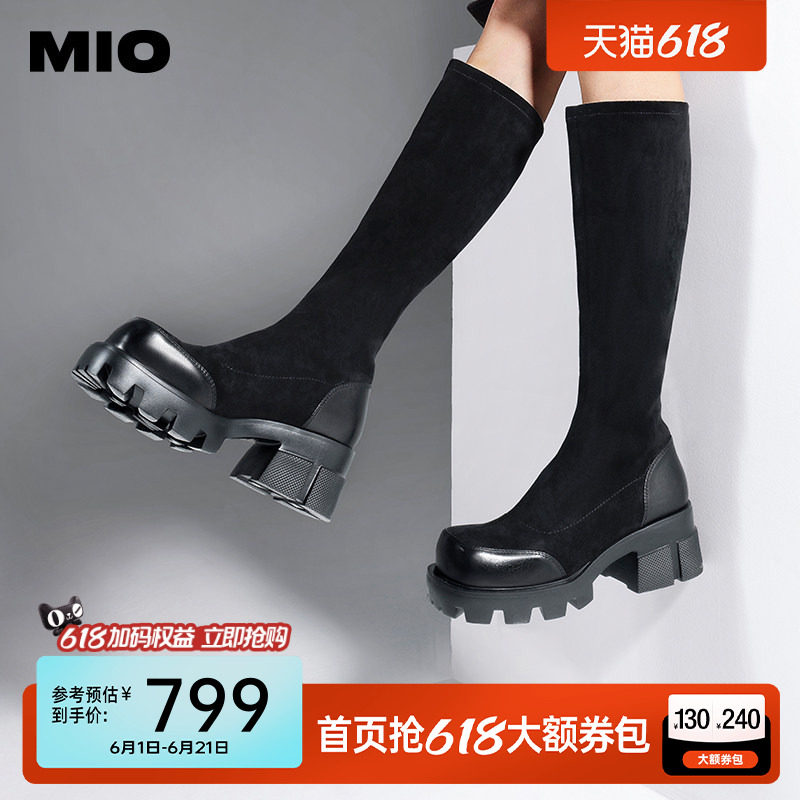 MIO米奥靴子冬季圆头套筒弹力长靴潮流个性显高厚底休闲袜靴女靴