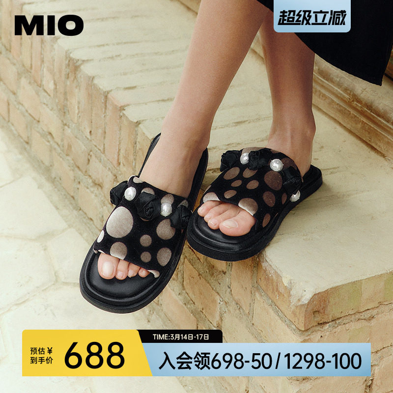 MIO米奥拖鞋女夏款休闲复古凉鞋时尚钻饰波点平跟外穿一字拖