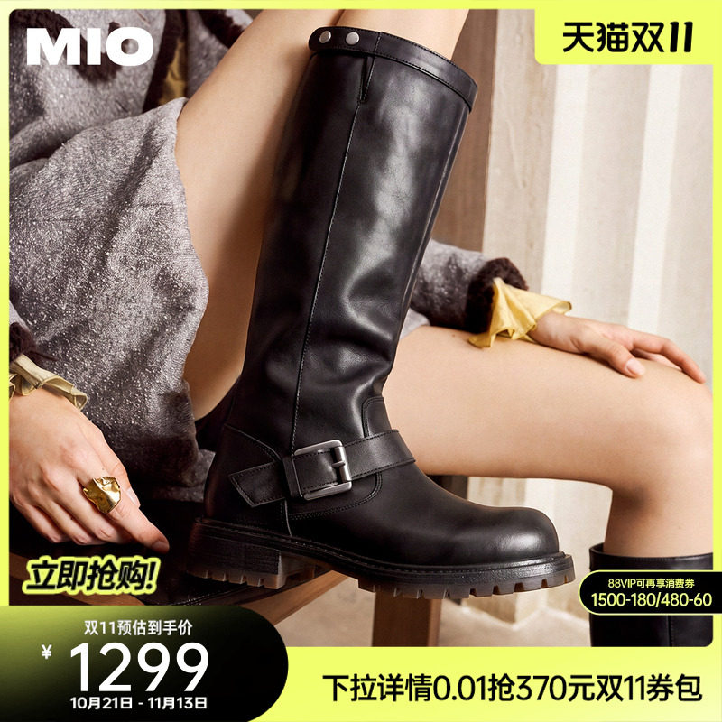 MIO米奥骑士靴2026冬季新款圆头厚底增高铆钉机车风皮带扣女长靴