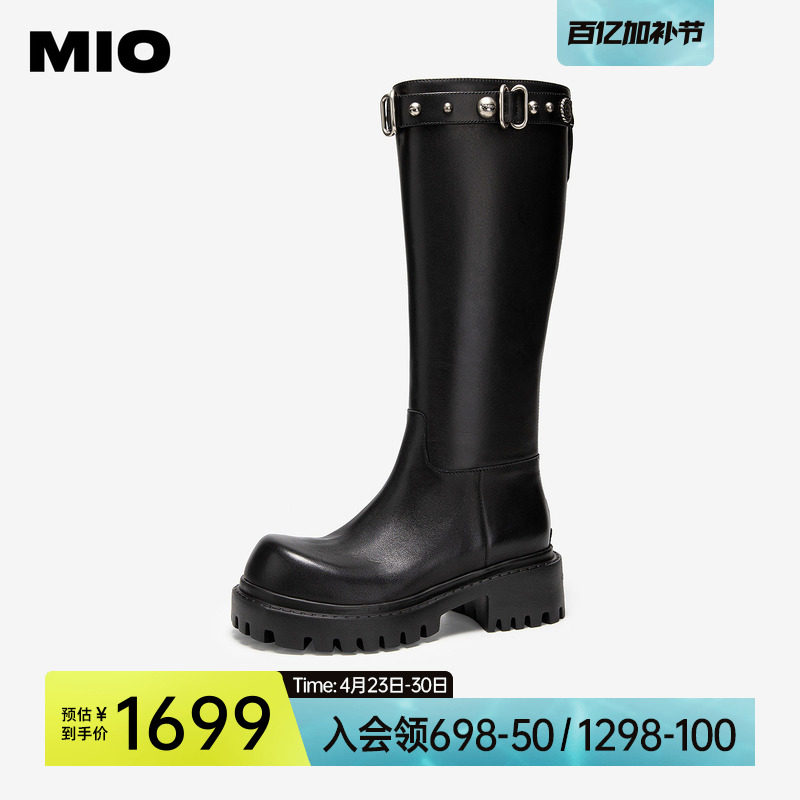 MIO米奥机车骑士靴厚底5cm女鞋冬季新款铆钉黑色牛皮革长靴