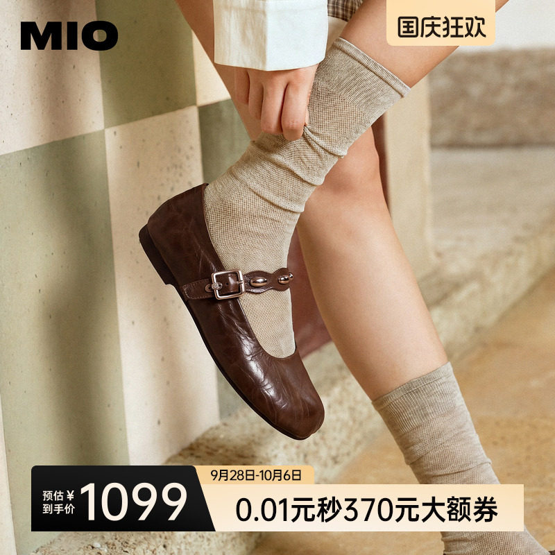 MIO米奥玛丽珍鞋2026秋新款圆头粗跟单鞋金属圆饰复古褶皱皮鞋女图片