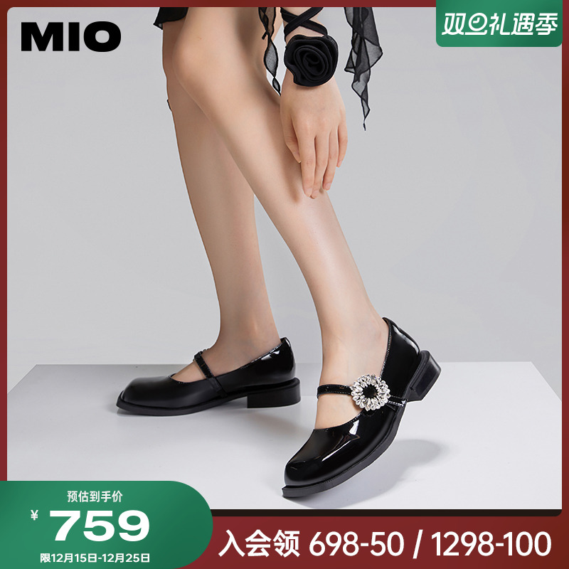 MIO米奥秋季英伦风舒适低跟浅口单鞋花朵钻饰甜酷复古玛丽珍女鞋