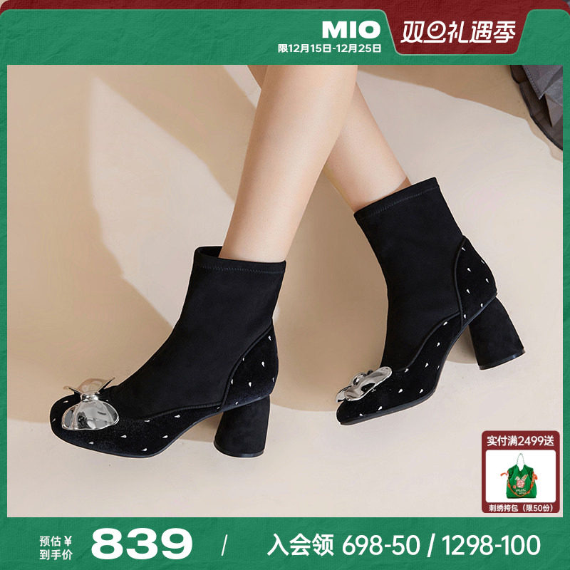 MIO米奥高跟时装靴冬短靴女款粗跟银色蝴蝶结时尚气质弹力袜靴