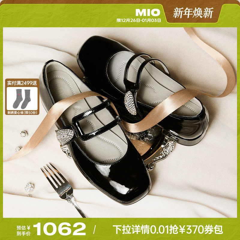 MIO米奥玛丽珍鞋2026春季新款圆头粗跟闪钻饰扣魔术贴女单鞋