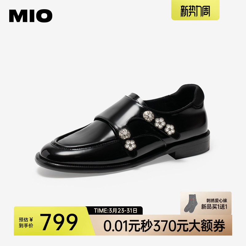 MIO米奥乐福鞋2026春季新款圆头粗跟漆皮金属钻扣小皮鞋女鞋