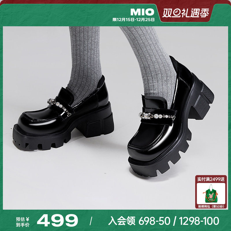 MIO米奥秋季新款圆头高跟乐福鞋学院风珍珠链条复古单鞋女