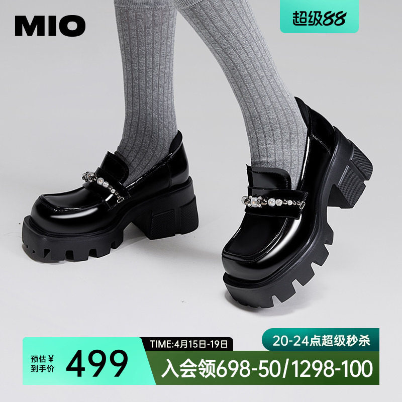 MIO米奥厚底乐福鞋复古大头女鞋增高撞色一脚蹬单鞋超高跟7cm