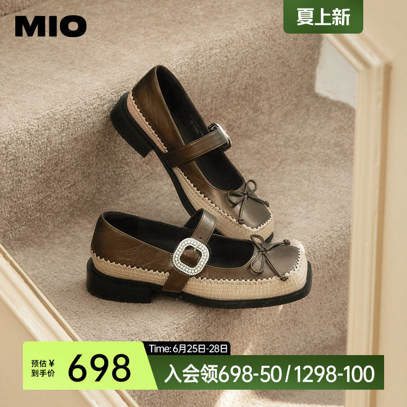 MIO米奥春夏复古方头拼色玛丽珍鞋甜美搭扣浅口单鞋女鞋小皮鞋