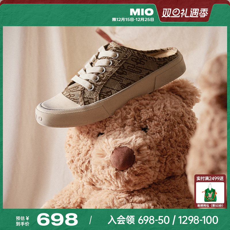 MIO米奥做旧帆布鞋拖鞋2025春季新款脏脏凉鞋休闲圆头一脚蹬女