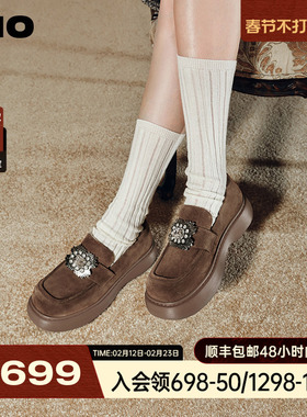 MIO米奥秋季学院风圆头厚底乐福鞋复古钻饰元素显高女鞋