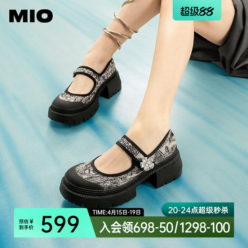 蒋依依同款MIO米奥新中式刺绣玛丽珍女鞋高跟圆头粗跟魔术贴单鞋