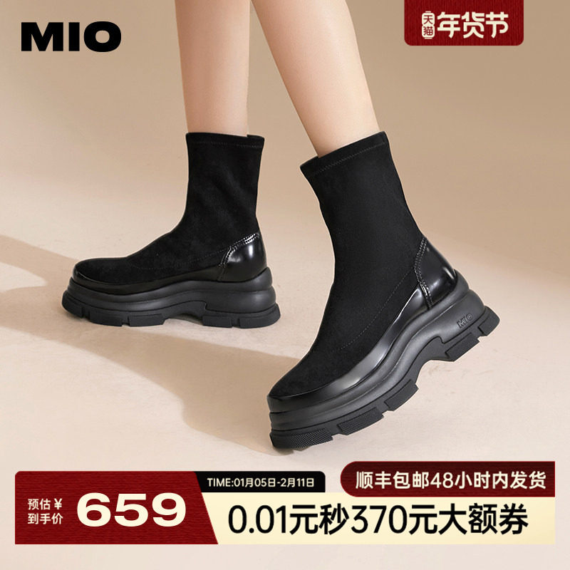 MIO米奥冬季圆头高跟中筒靴显高短靴厚底弹力靴酷飒袜靴女靴