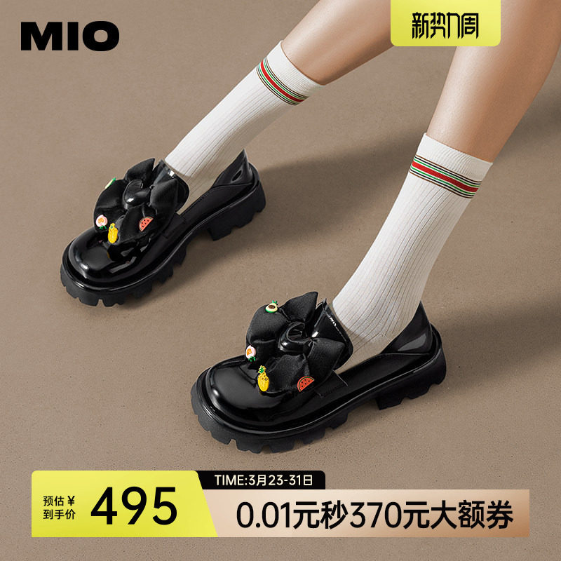 MIO米奥圆头小皮鞋大蝴蝶结女鞋漆面单鞋增高松糕底厚底乐福鞋