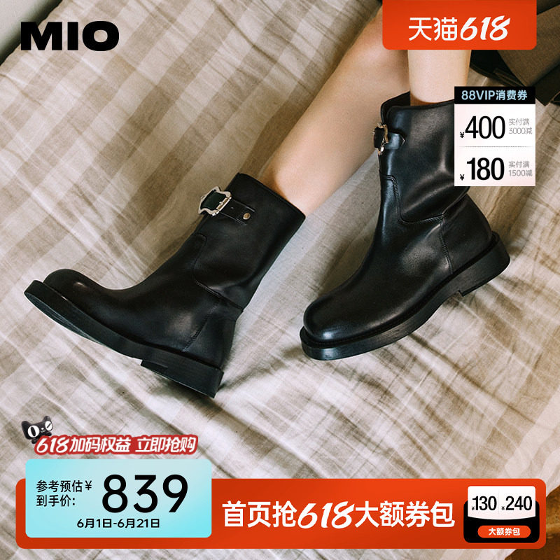 MIO米奥女靴冬季中筒靴复古短靴切尔西靴时装靴皮带扣皮靴骑士靴