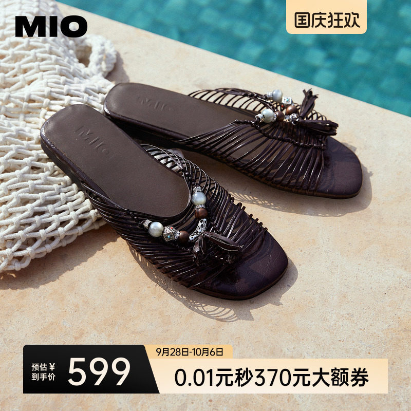 MIO米奥波西米亚凉拖女鞋2026夏季新款流苏串珠平底民族风一字拖图片