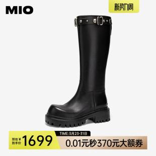 铆钉黑色牛皮革长靴 新款 MIO米奥机车骑士靴厚底5cm女鞋 冬季
