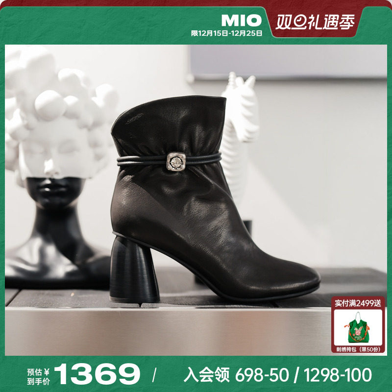 MIO米奥时装靴2025冬新款圆头高跟厚底百搭绒面瘦瘦靴羊皮短筒