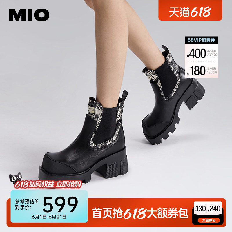 MIO米奥国风女靴冬季方头厚底高跟拼色弹力马丁靴时髦切尔西靴子