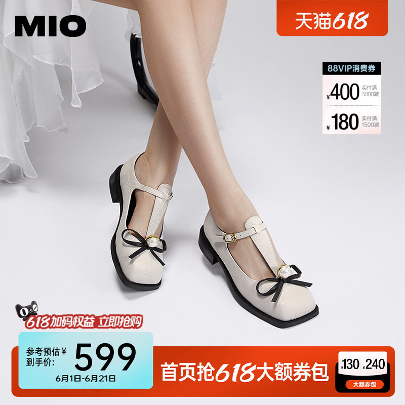 MIO米奥秋季显瘦方头低跟女鞋T字袢带珍珠饰扣减龄玛丽珍女
