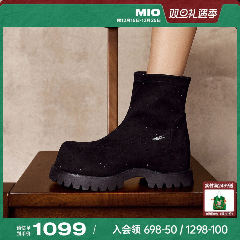 MIO米奥袜靴2025冬季新款圆头中跟厚底增高百搭弹力靴瘦瘦靴女