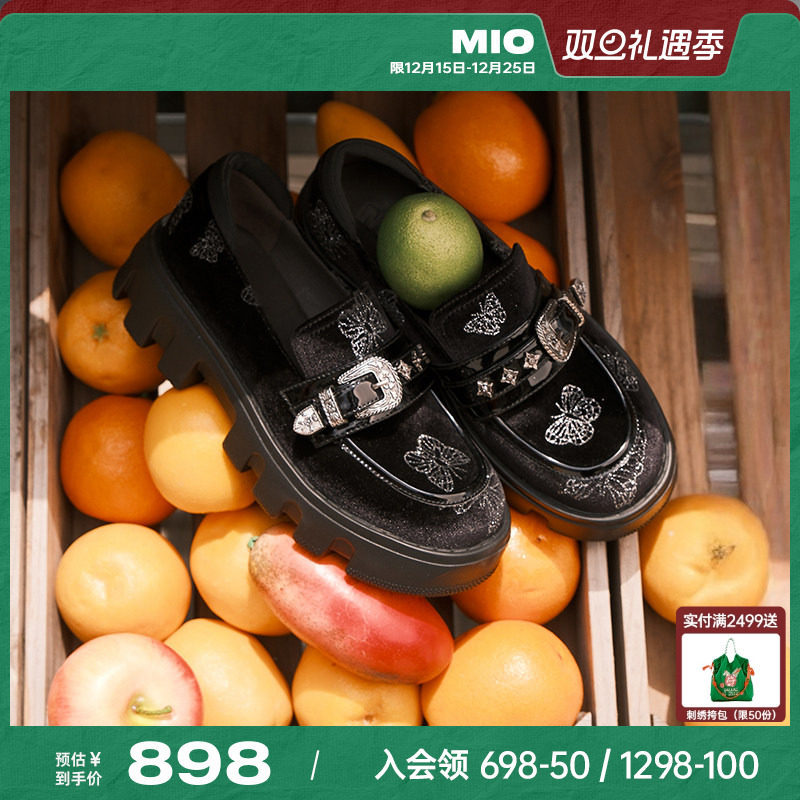 MIO米奥高跟乐福鞋女2025秋新款黑色一脚蹬英伦风厚底增高jk