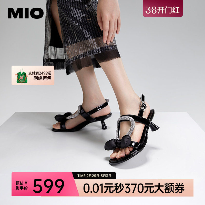 MIO米奥夏季异形跟时装凉鞋小闪钻泡泡蝴蝶结优雅气质高跟凉鞋女
