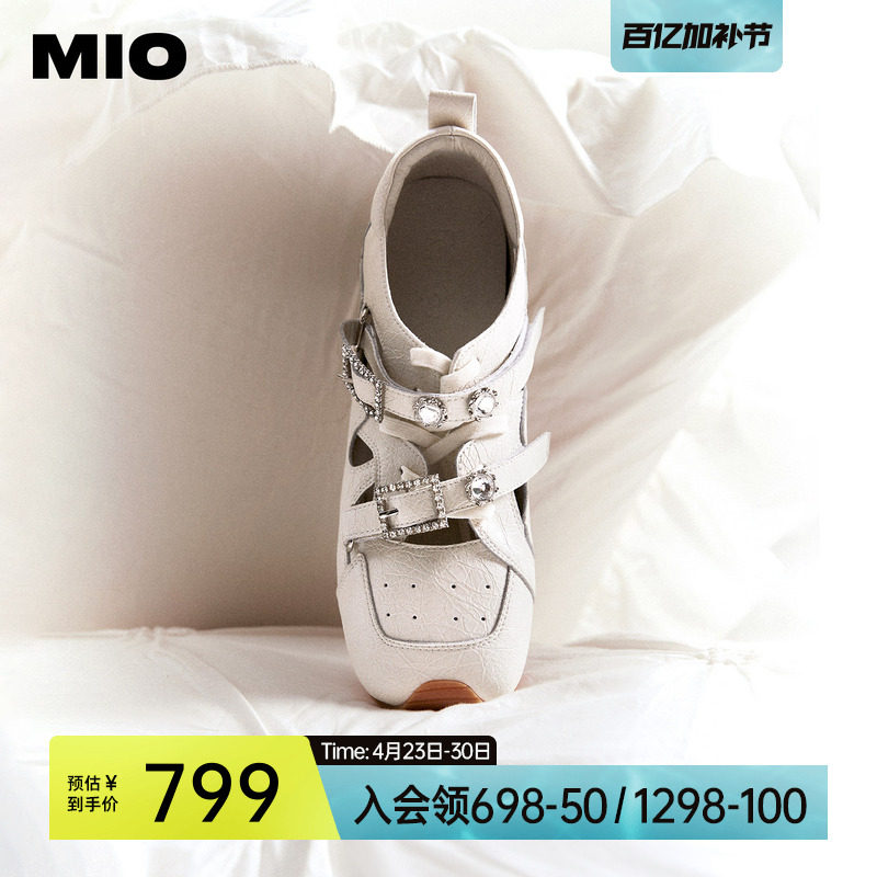 MIO米奥芭蕾运动玛丽珍2026春新款闪钻绑带女阿甘舞鞋裂纹皮单鞋