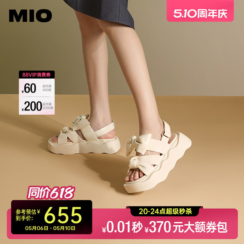 MIO米奥夏季圆头中跟休闲凉鞋蝴蝶结波浪厚底夏日凉鞋女