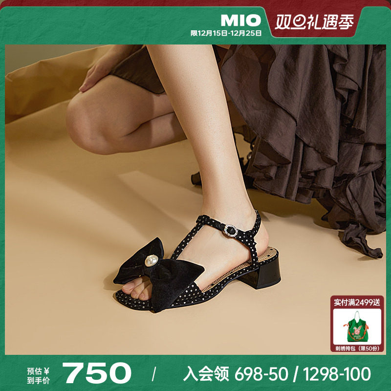 MIO米奥夏季拼色中跟凉鞋珍珠蝴蝶结俏皮通勤时装凉鞋女