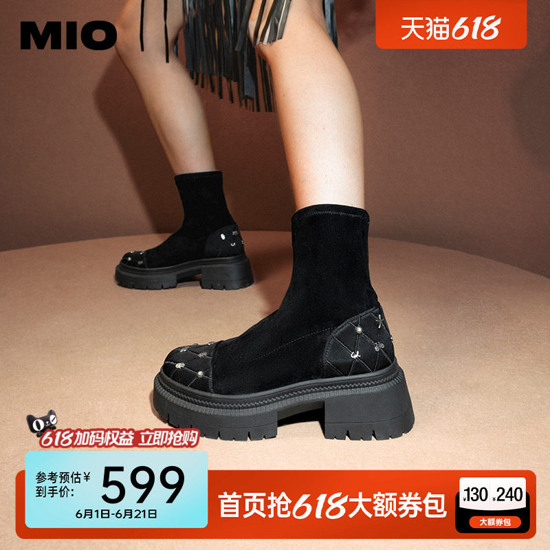 MIO米奥冬季弹力靴圆头高跟个性钉饰显高短靴厚底时尚袜靴女靴