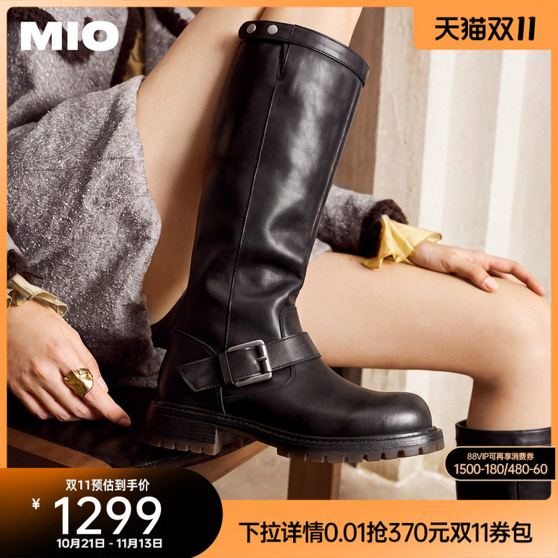 MIO米奥骑士靴2026冬季新款圆头厚底增高铆钉机车风皮带扣女长靴