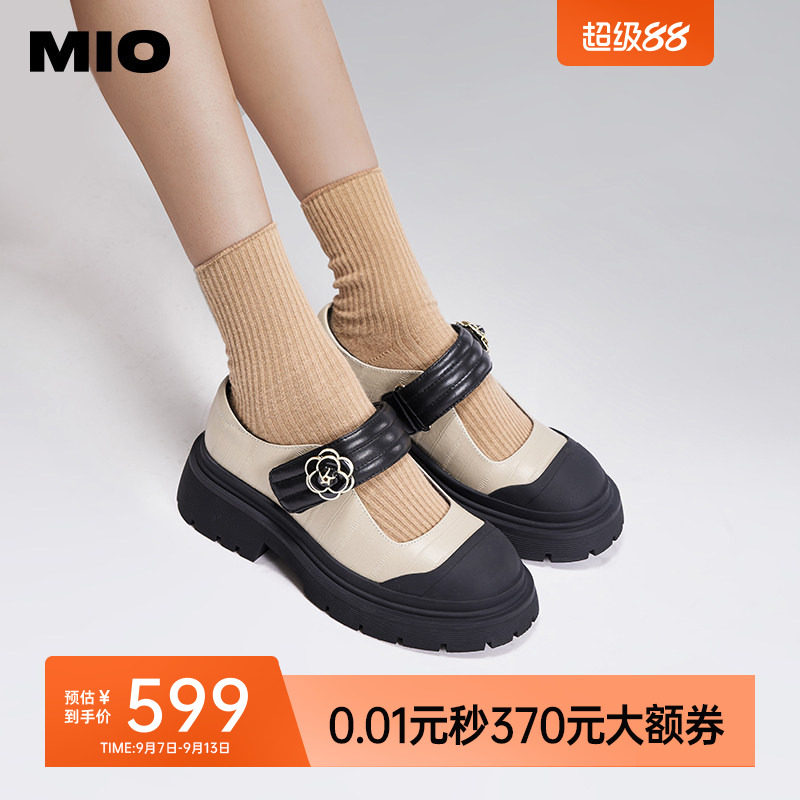 MIO米奥秋季圆头学院厚底玛丽珍复古浪漫山茶花舒适单鞋女