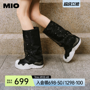 MIO米奥裤 机车套筒靴撞色圆头网纱烟筒靴厚底显瘦中筒女 管靴冬季