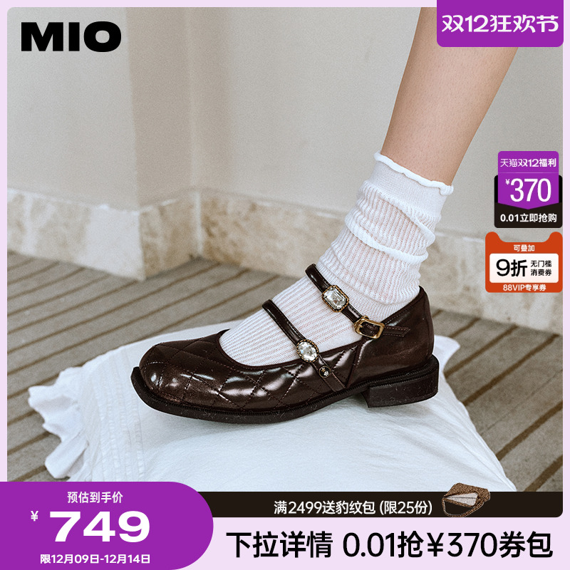 MIO米奥秋季方头低跟单鞋闪钻双条袢带复古时髦玛丽珍女鞋