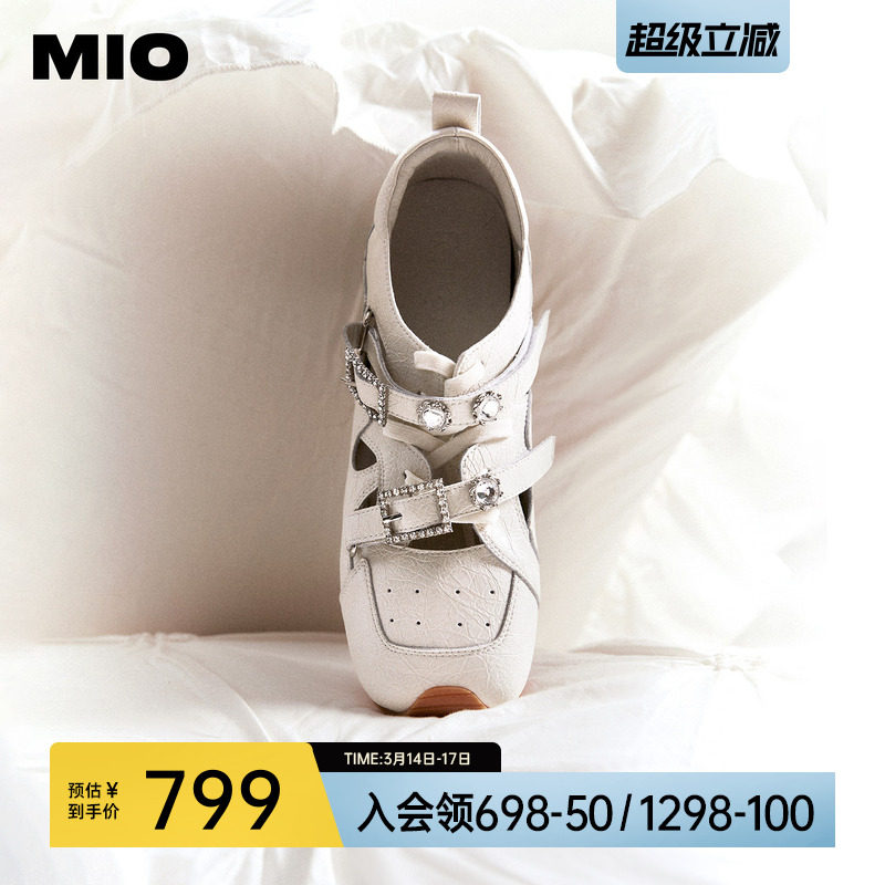 MIO米奥芭蕾运动玛丽珍2026春新款闪钻绑带女阿甘舞鞋裂纹皮单鞋