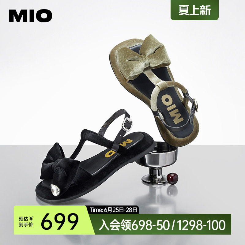 【徐璐同款】MIO米奥夏季纯色中跟凉鞋水滴钻饰蝴蝶结凉鞋女鞋