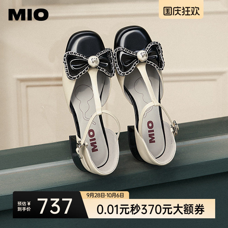 MIO米奥女鞋小香风凉鞋春夏新款甜美链条蝴蝶结法式浅口单鞋皮鞋图片