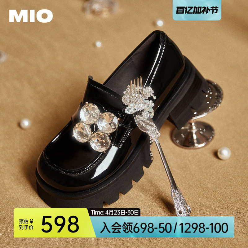 明星同款MIO米奥圆头皮鞋女鞋水钻乐福鞋甜酷风学院厚底增高单鞋