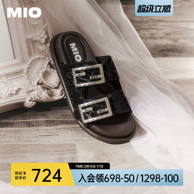 MIO米奥勃肯拖鞋夏款复古时尚凉拖印花双条带扣饰轻便女凉鞋